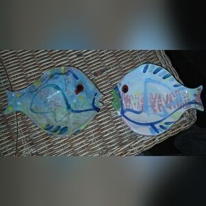 Colorful Fish-Shaped Ceramic Plates Or Wall Art Handmade Artist Signed